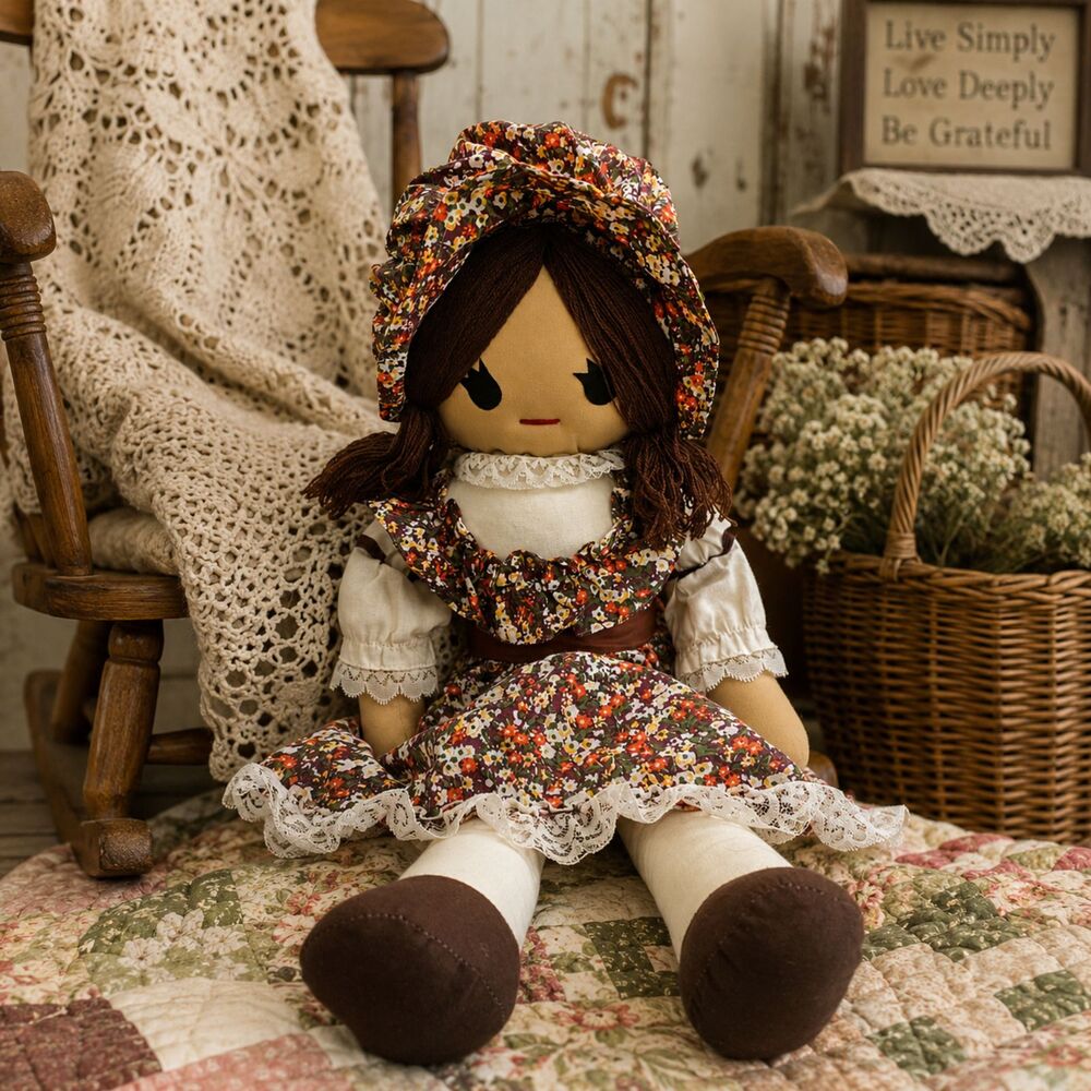 Vintage Kamar Rag Doll Floral Prairie Dress Bonnet Cloth Doll Taiwan 21”